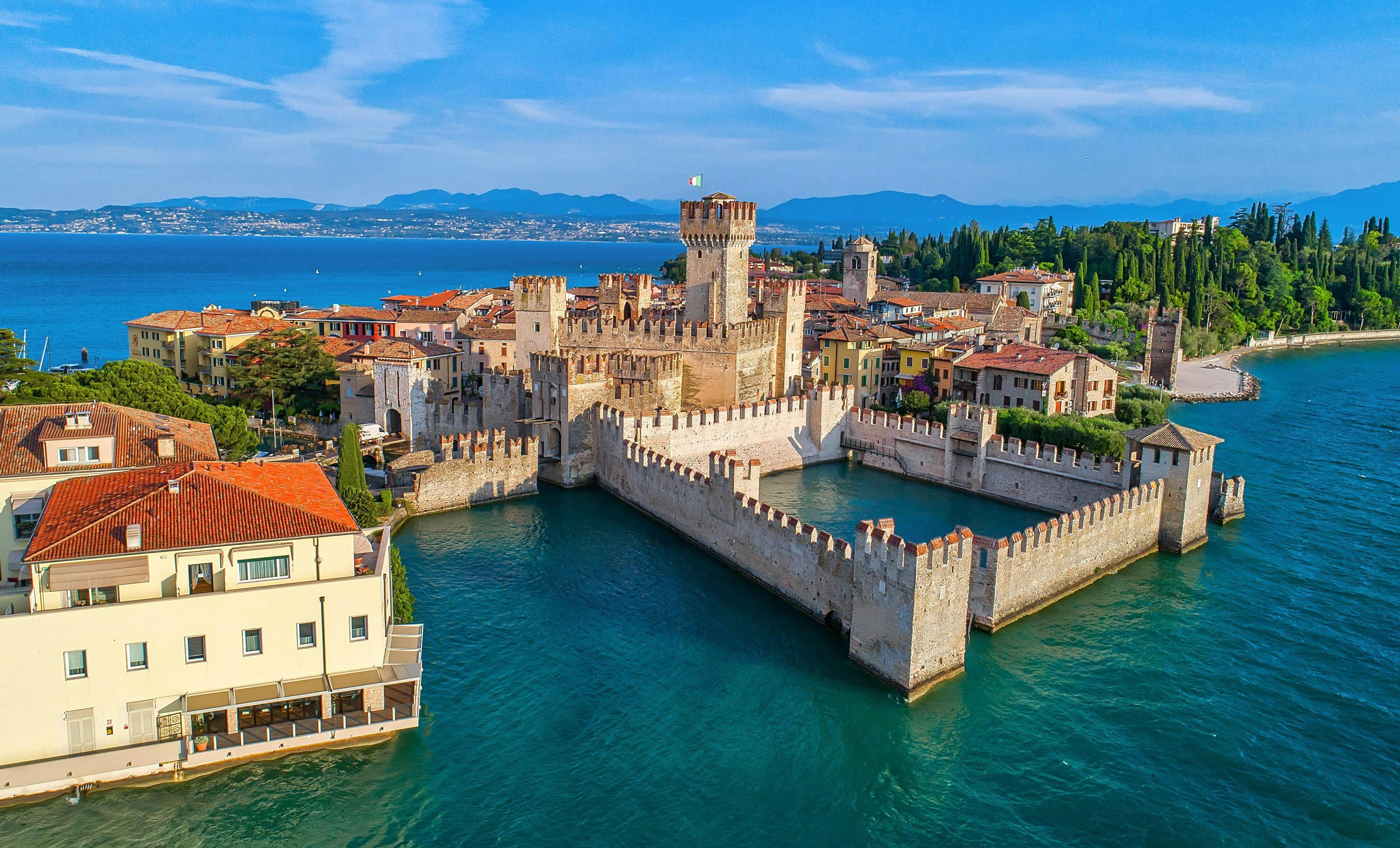 An aerial view of the Scaligero Castle in Sirmione, one of the sights you can see on a boat trip on Lake Garda.